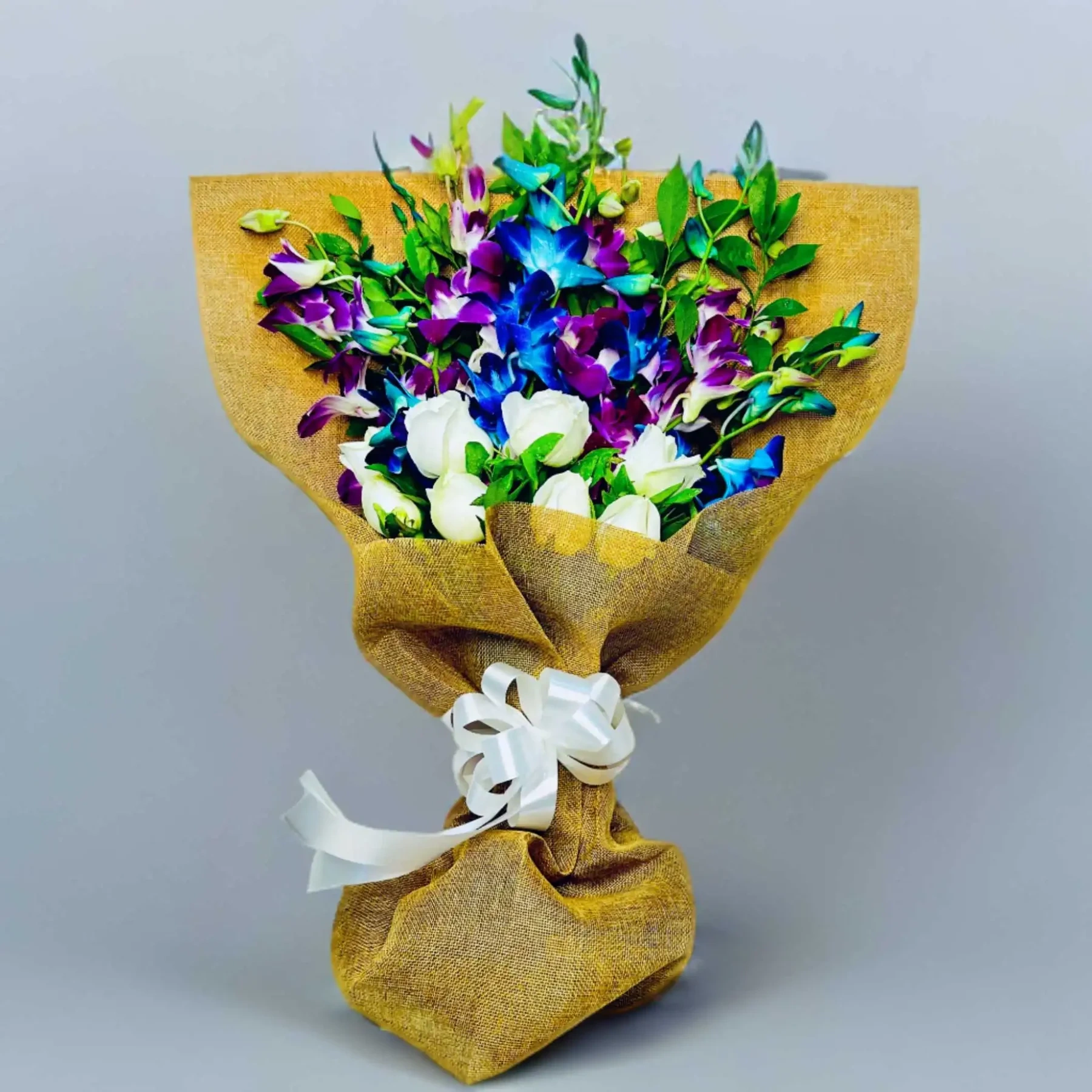 Orchids & Rose Flowers  Bouquet With Jute Wrapped