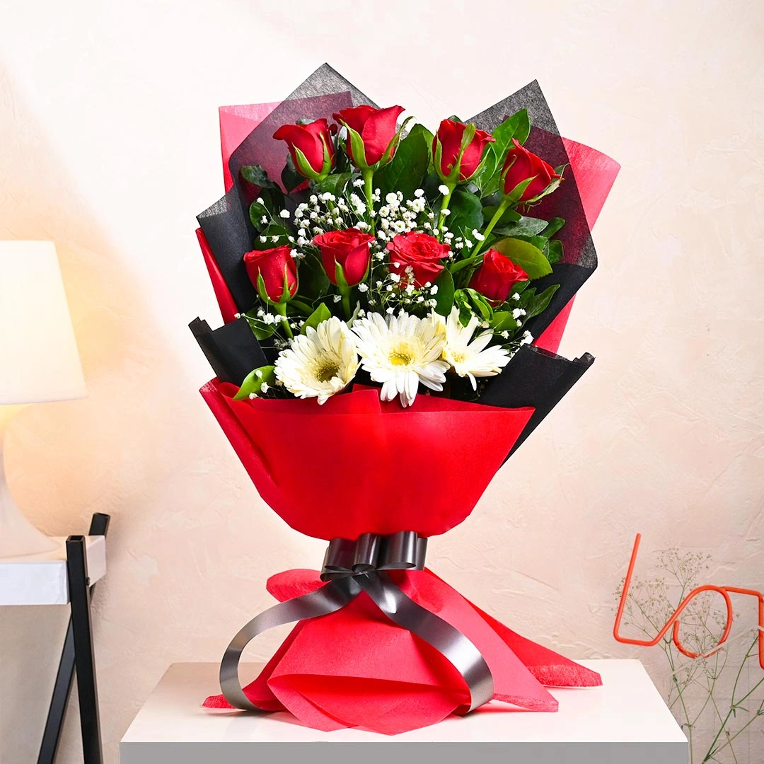 Forever White Gerberas And Red Roses Bouquet