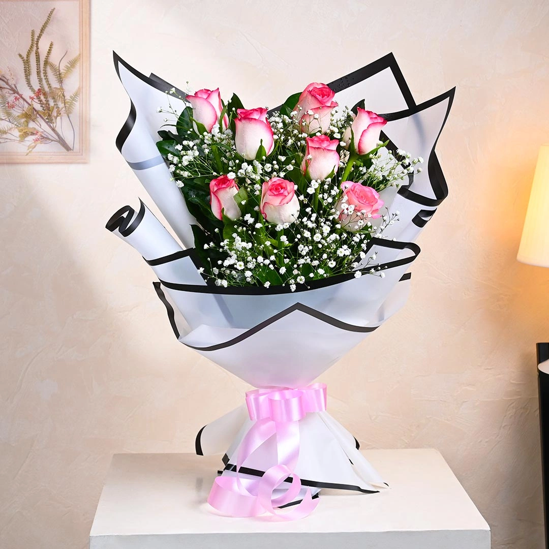 Glow And Blush Pink Flowers  Roses With Baby Breath