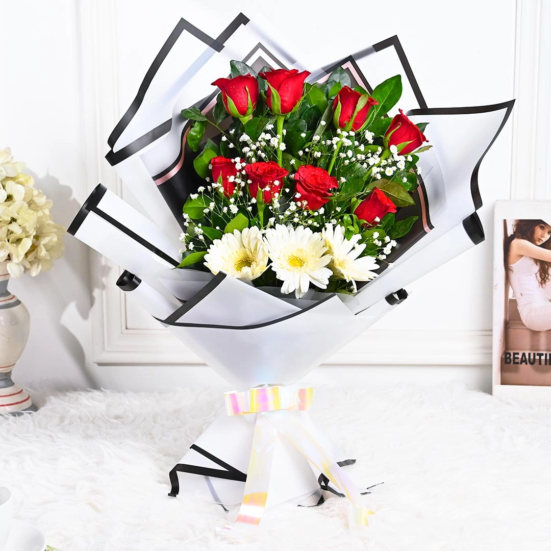 Princess Red Rose Flowers  Bouquet N White Gerberas 