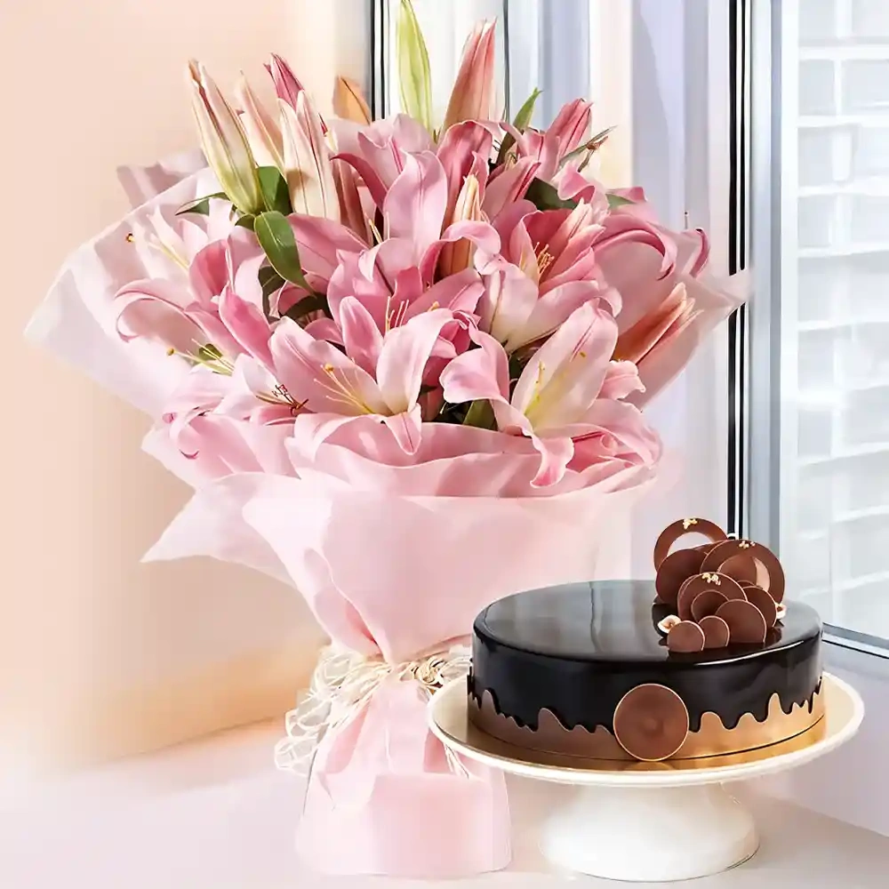 Lilies with Chocolate Delice  Cake 