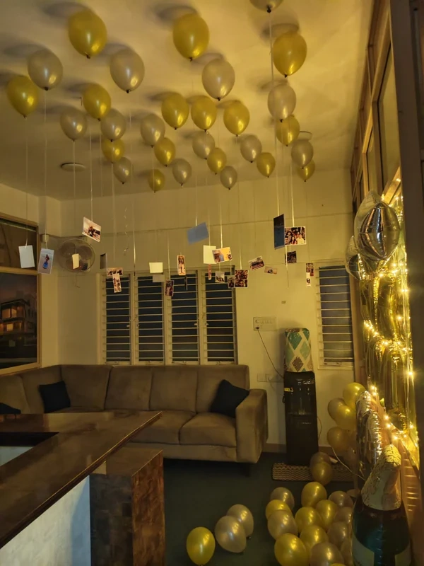 Simple and Romantic Surprise For Husband/ Boyfriend in living room or bedroom with balloons and fairy lights Set