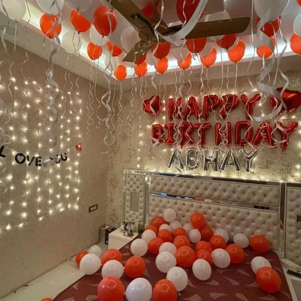 Romantic Room Decoration with Red and White Balloons and Fairy Lights Set